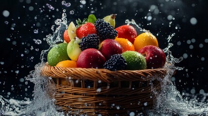 Vibrant Fruit Basket with Splashing Water Effect for Healthy Living