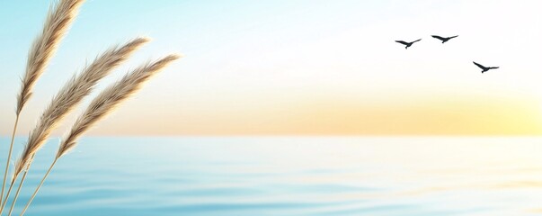 World Wetlands Day and Ecosystems Concept. Serene Ocean Sunset with Gentle Breeze and Birds