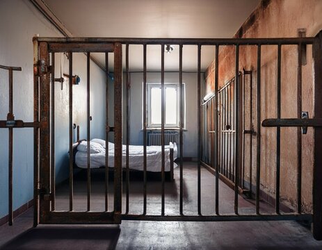old rusted prison bars showing empty prison cell interior locked with bed and toilet
