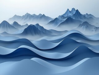 Fototapeta premium In a surreal setting, a 3D abstract landscape of misty mountains with reflective, shimmering surfaces creates a tranquil and wondrous scene