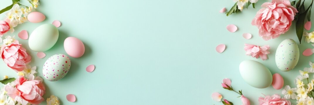 Bright spring banner with pastel Easter eggs and pink flowers on light background with place for text. Perfect for holiday greetings and seasonal sale