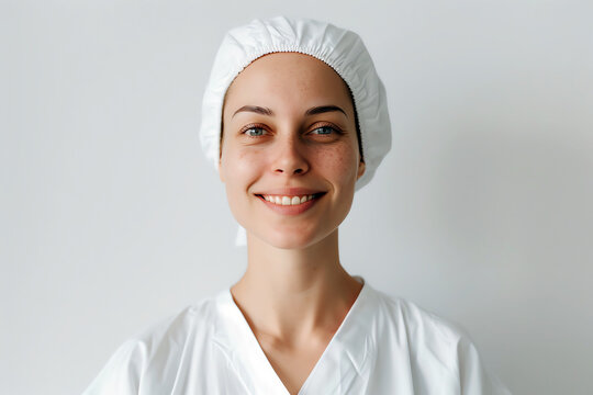 Portrait of a confident female doctor wearing a white lab coat and cap, smiling at the camera.