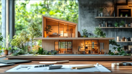 Office setup with mockup house, wooden model, and architectural design tools on desk,