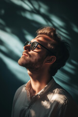 Fototapeta premium photo of a man with a beard and sunglasses tilting his head upwards, illuminated by dynamic lighting casting natural leaf-shaped shadows on a teal background 