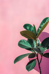 Obraz premium photo of a rubber plant branch with glossy green leaves, vibrant pink background creating a striking contrast, dynamic lighting casting soft shadows and emphasizing the texture of the leaves 