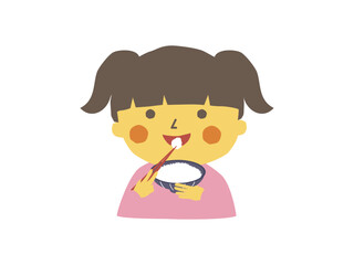 新米のご飯を笑顔で食べる女の子