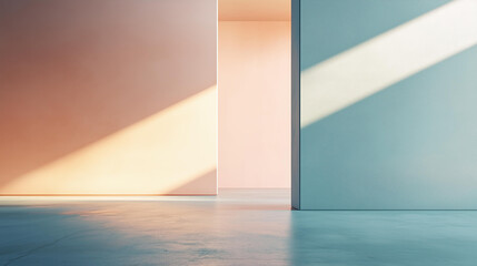 Obraz premium photo of a minimalist interior, light pastel walls with soft peach and teal colors, bright sunlight streaming through large unseen windows creating dynamic geometric shadows on the smooth floor 