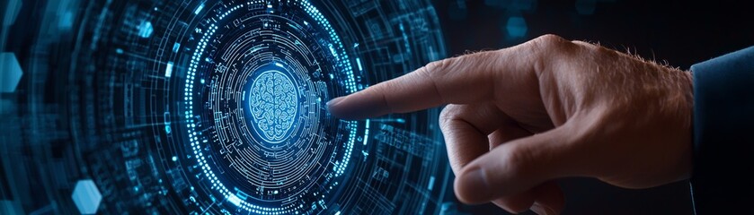 A futuristic image depicting a hand reaching toward a glowing digital interface, symbolizing technology and innovation.