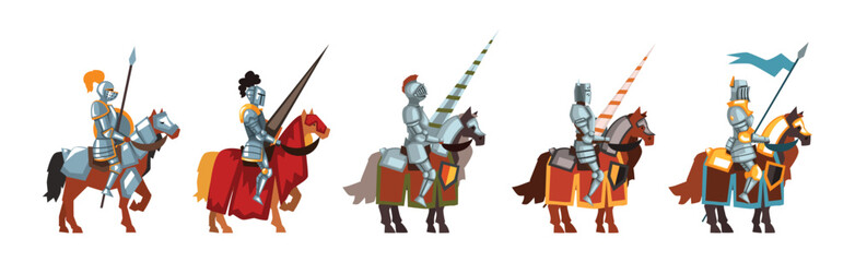 Naklejka premium Medieval Knight in Helmet on Horse Vector Set