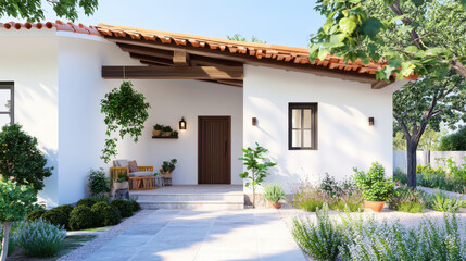 Fototapeta premium serene and inviting Grecian patio with charming front door, surrounded by lush greenery and vibrant plants, creating peaceful outdoor atmosphere