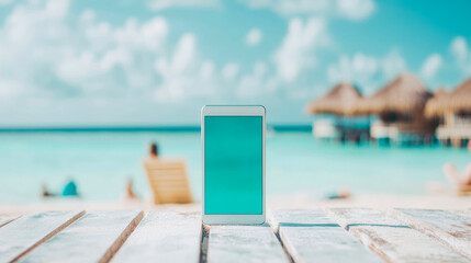 Naklejka premium Seascape with Smartphone on Beach Table: Summer Vacation Mockup