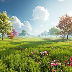 Artificial grass field with a few trees scattered throughout , tree silhouettes, natural environment, outdoor background, landscape