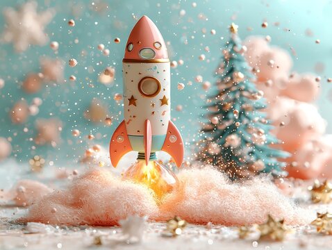 In a dreamlike world, a pink explosion and a rocket coincide with a tree