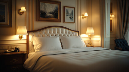 Elegant hotel room with soft lighting and classic decor during the evening