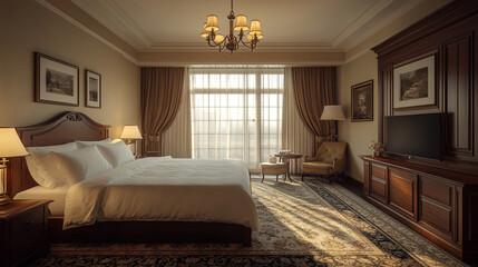 Luxurious hotel room with elegant decor and natural light in bright environment