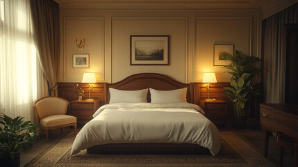Luxurious hotel room with elegant decor and warm lighting in a cozy ambiance
