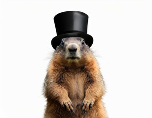 a standing marmot in a black hat marmot in a black top hat groundhog day isolated on white background