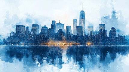 Obraz premium Urban skyline reflects on water with a soft blue gradient at dawn