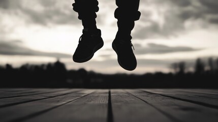Silhouette of legs and shoes dangling above wooden planks, against a dramatic sky.