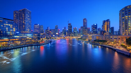 City skyline at night reflecting on the river with vibrant lights and modern architecture
