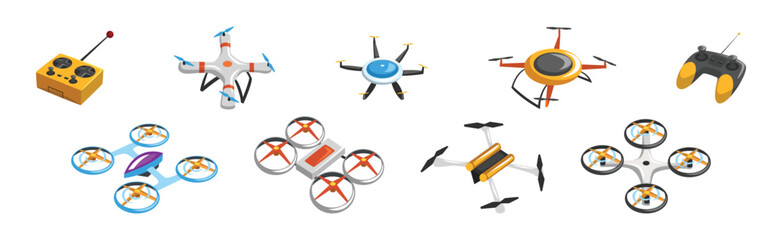 Drone and Flying Quadcopter with Remote Control Vector Set