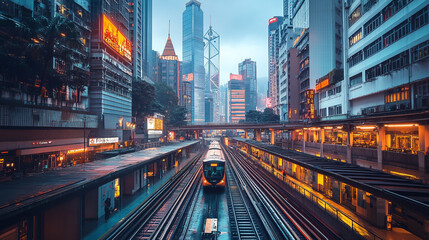 Urban train station in a bustling city at dusk with vibrant lights and skyscrapers