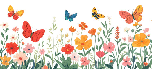 PNG Spring flowers and butterfly border butterflies pattern art.