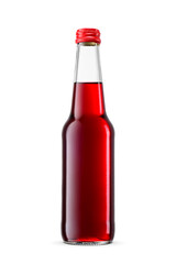 Clear glass bottle filled with bright red beverage isolated. Transparent PNG image.