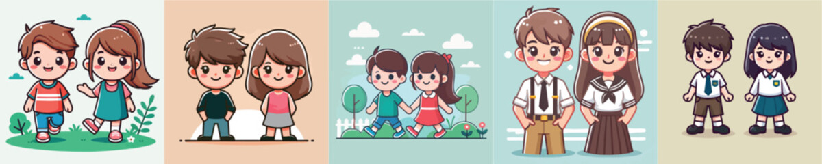 Vector collection of two little children, boy and girl