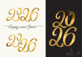 New Year symbols 2026. Modern hand lettering, typography and gold colors. Creative 2026 number design. Business icons. Set of titles. Isolated flat brush stroke elements. Template vector poster.