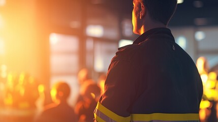 Young fireman presenting to a group of people at a fire post office, focusing on the speaker giving a presentation at a meeting or workshop for students and industry professionals.