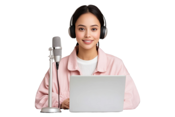 Female podcaster wearing headphones with a microphone and laptop, isolated on transparent background