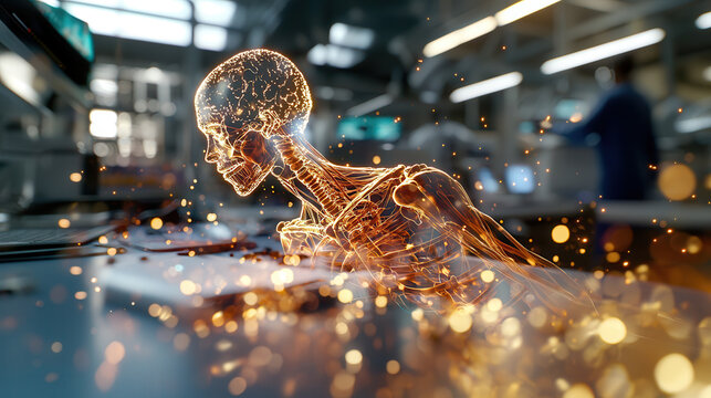 futuristic medical lab showcasing AI driven diagnostic machine with glowing skeletal model, emphasizing advanced technology and innovation