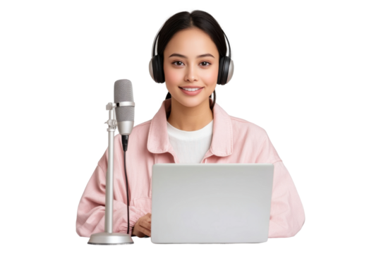 Female podcaster wearing headphones with a microphone and laptop, isolated on transparent background