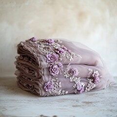 Elegant Lavender Fabric with Floral Embroidery Soft Delicate Texture Romantic Design