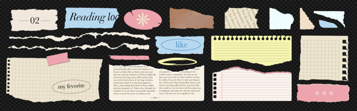 Set of textured torn paper shapes, ripped notebook sheets, jagged edges, magazine clippings, and vintage newspapers in a trendy 90s collage style.Ideas for poster, banner, scrapbooking. Vector element