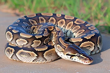 Fototapeta premium A coiled python showcasing its distinct patterns and colors, resting on a smooth surface surrounded by lush grass.