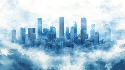 Urban skyline shrouded in fog during early morning hours in a bustling city