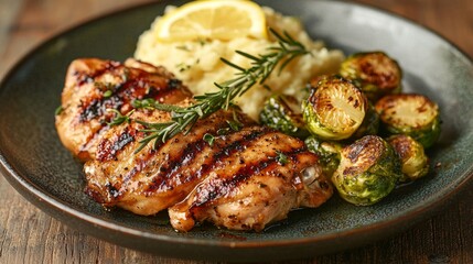 Photorealistic dinner plate with grilled chicken Brussels sprouts and parsnips