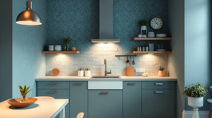 A wallpaper depicting an adorable, charming modern, aesthetic kitchen interior