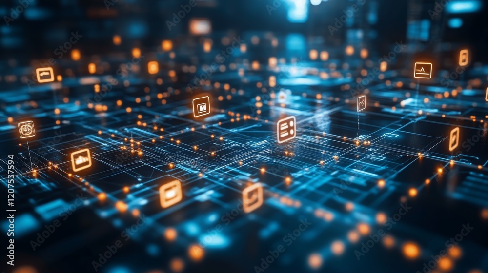 Poster innovative virtual networking platform with digital connection symbols in a futuristic setting