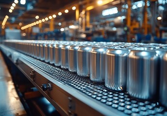 Obraz premium As part of the beverage manufacturing process, empty new aluminum cans move through a factory line on a conveyor belt, capturing the essence of the food and beverage industrial business concept in a
