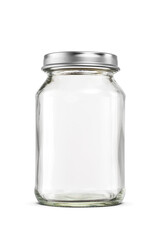 Clear empty glass jar with metal lid, ideal for preserving fruits and vegetables isolated. Transparent PNG image.