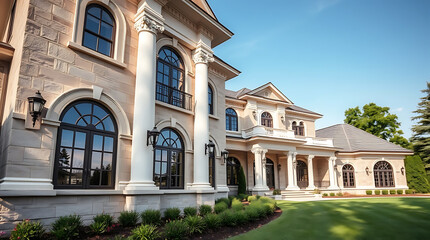 Obraz premium Magnificent Mansion: A Masterpiece of Classical Architecture. This luxurious estate boasts elegant design, grand facade, and stunning landscaping. Discover the epitome of refined living.
