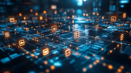 Innovative virtual networking platform with digital connection symbols in a futuristic setting