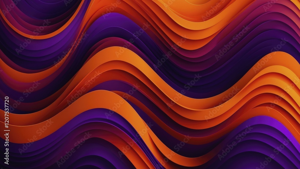 Poster Vibrant digital abstract artwork with wavy, overlapping layers in orange, purple, and violet, evoking flow.