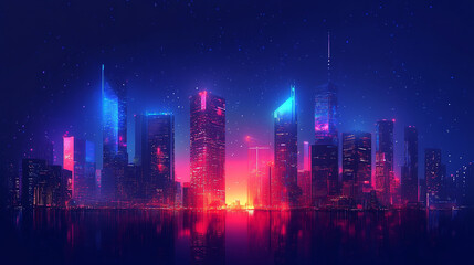 Naklejka premium Vibrant city skyline illuminated by colorful lights at twilight near waterfront