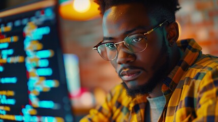 Fototapeta premium Focused young man coding on computer in modern tech workspace with vibrant lighting.