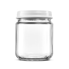 Empty glass jar for baby food with metal twist-off lid isolated. Transparent PNG image.