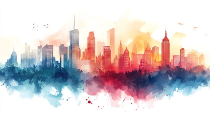 Vibrant city skyline at sunset with a colorful watercolor effect